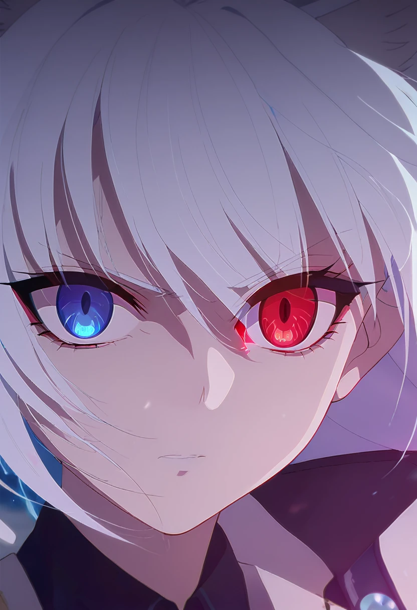 a beautiful blue and black kitsune, detailed portrait, intricate details, sensual, 1girl, long white hair, long white tail, heterochromia(one blue eye,one red eye), eyes, one eye glowing intensely, standing with a large katana behind her blue lightning, detailed eyes and face,longeyelashes,vivid colors, anime style,