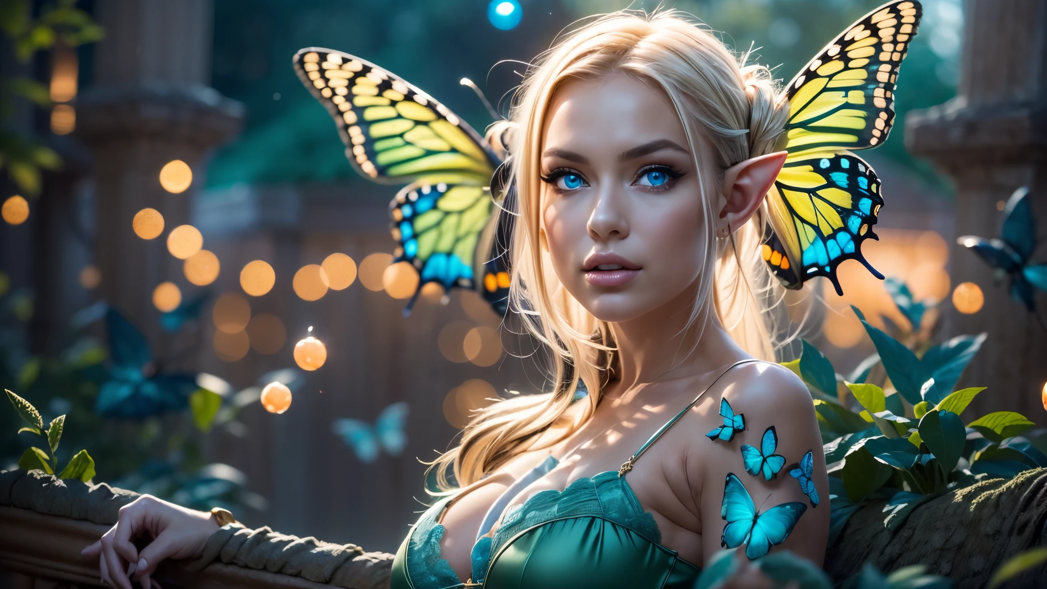 Beautiful, Amazing face and eyes, makeup, (extremely detailed beautiful face), Blonde, (sexiest look), (Beautiful breasts:1.3), (Best Quality:1.4), (Ultra-detailed), (extremely detailed CG unified 8k wallpaper), Highly detailed, RAW Photos, Professional Photography, (silk see through lace:1.3), full body, front view, one point perspective, sitting, (Spread your legs), (:1.4), plein air, Illumination, (Super fancy photos:1.4), (Dazzling light), Radiant Photography, depth of fields, (Glowing blue eyes), (realistic elf ear), (castle, fantasy setting), ((orbs)), massive butterfly wings, flowing butterfly wings,