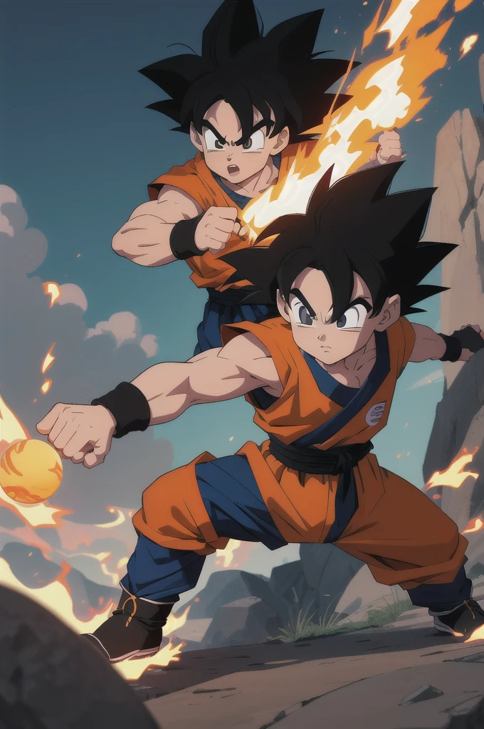 Manga style, illustration, line art style, high quality, manga masterpiece, highres, very detailed, digital illustration, small Kid Goku, Dragonball, black hair, spiked hair, real goku clothes orange color, black belt and black shoes, fire ball, dougi, solo male , outdoors,fighting,