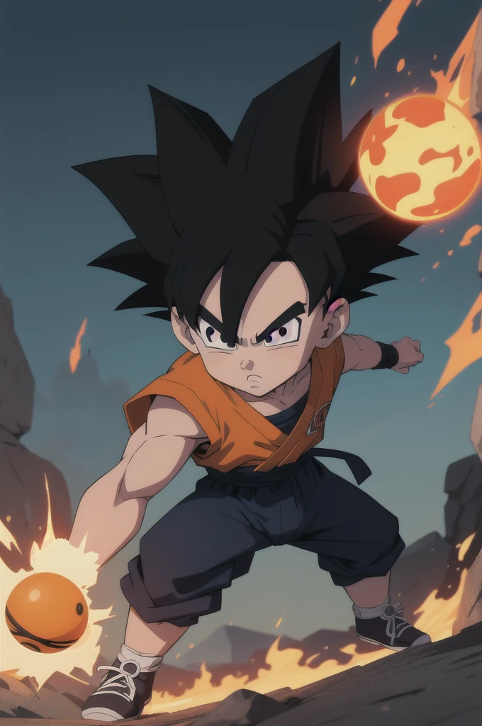 Manga style, illustration, line art style, high quality, manga masterpiece, highres, very detailed, digital illustration, small Goku, Dragonball, black hair, spiked hair, real goku clothes orange color, black belt and black shoes, fire ball, dougi, solo male , outdoors,fighting,