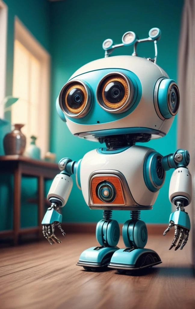 fashion photoshoot, a photo of a 1950s retro-futuristic tiny and cute cleaning robot with  arms and legs, intricate detail, vibrant atmosphere, sharp focus, 4k, 8k, high quality