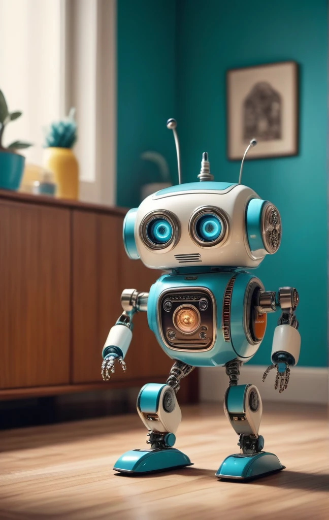 fashion photoshoot, a photo of a 1950s retro-futuristic tiny and cute cleaning robot with arms and legs, intricate detail, vibrant atmosphere, sharp focus, 4k, 8k, high quality