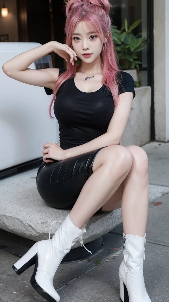 Asian girl, pink hair. Deep green eyes. black pants, a white top and a tattoo of rabbits on her arm. high-heeled boots. Busty