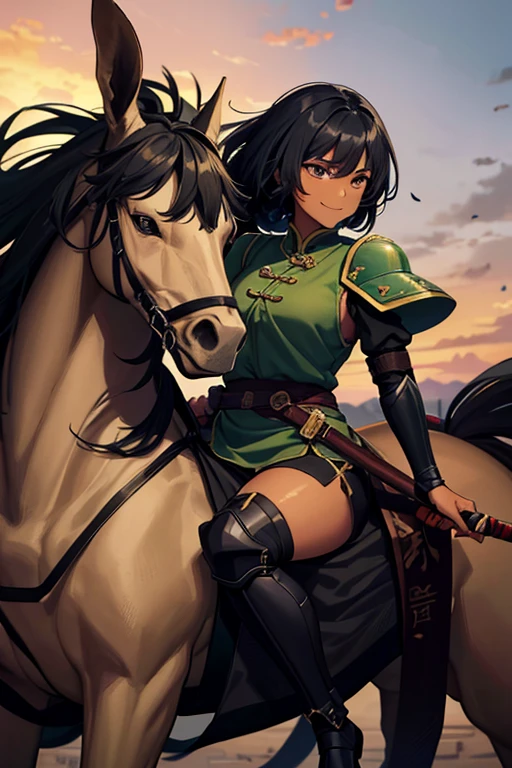 Anime Art、Full body portrait、Ancient Chinese cavalry、A dark-skinned woman of about 25 years old, around 150cm tall, wearing dark green clothing, riding a large horse and holding a long spear in her right hand.、A strong smile、Short medium hairstyle、Black Hair、Wearing armour on the lower half of the body