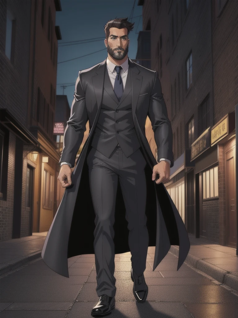 hq digital art style, A tall man, a well-shaped body for the age it appears to be, having a straight posture, giving confidence and security to the people who see it. There are no scars on his face, has a full gray beard and short hair combed back, also gray, His eyes are dark green and he appears to have eyebrows. He is wearing a formal coat and walks on the dark streets of a city.