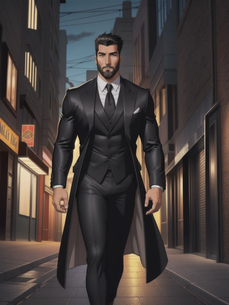 hq digital art style, A tall man, a well-shaped body for the age it appears to be, having a straight posture, giving confidence and security to the people who see it. There are no scars on his face, has a full gray beard and short hair combed back, also gray, His eyes are dark green and he appears to have eyebrows. He is wearing a formal coat and walks on the dark streets of a city.
