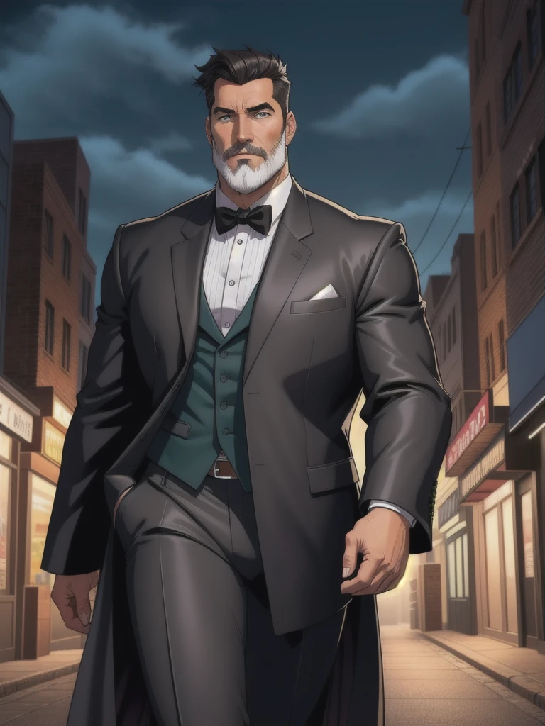 hq digital art style, A tall man, a well-shaped body for the age it appears to be, having a straight posture, giving confidence and security to the people who see it. There are no scars on his face, has a full gray beard and short hair combed back, also gray, His eyes are dark green and he appears to have eyebrows. He is wearing a formal coat and walks on the dark streets of a city.