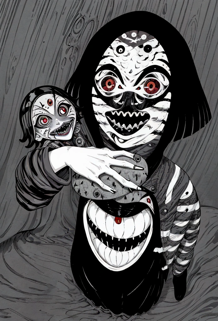 [(This is Junji:1.5), creepy, Dark, in black and white, Detailed line art from the manga, scared, psychological horror, Grotesque, morbid, Surreal], a girl holding a teddy bear, Annie, League of Legends character