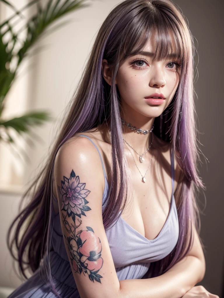 1girl, alone, solitary, high quality, (best quality,4k,8k,highres,masterpiece:1.2),ultra-detailed,(realistic,photorealistic,photo-realistic:1.37),gorgeous hair,lilac hair, lilac long straight hair with bangs,puffy eyes,mole on the cheek,plump lips,jewelry,(high detailed skin:1.4),(rim lighting:1.3),(lit:1.3),(sunny day:1.3),portrait,beautiful lips,waist-length hair,seductive gaze,moles,sundress,pastel dress,short dress,close up,really long hair,choker necklace, tattoos,tattooed,light eyes,bangs,fringe