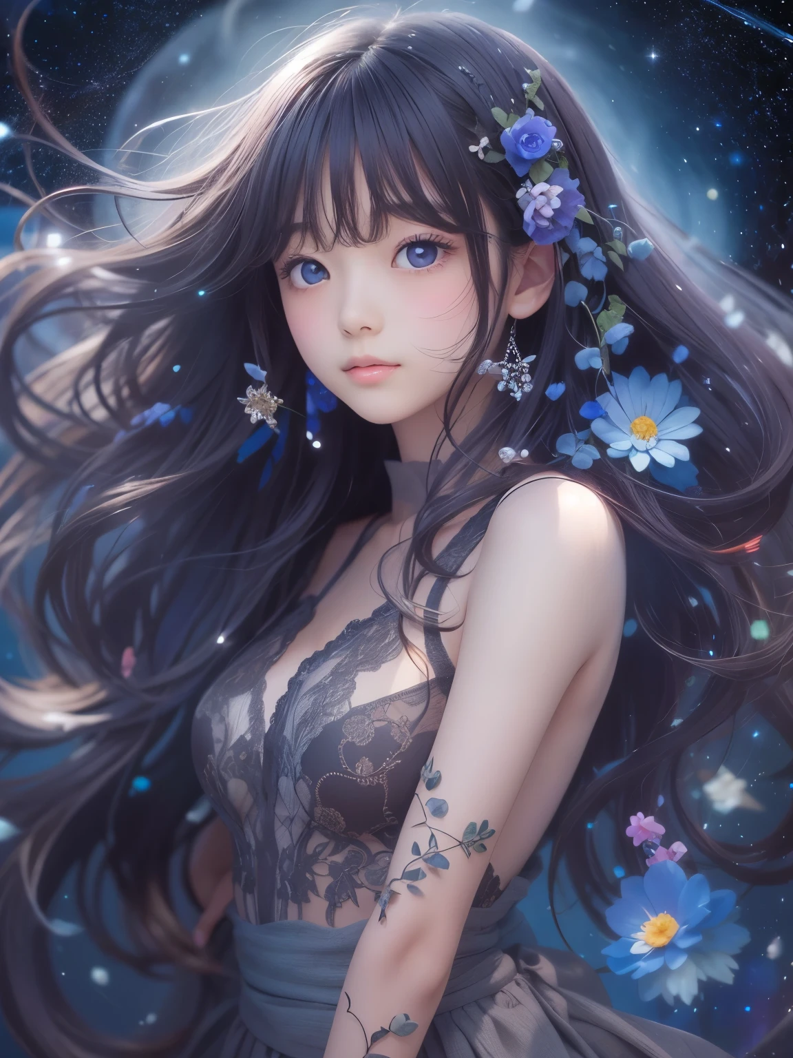 ８age、Real masterpieces, Highest quality, Highly detailed shape,1 Girl,alone, Image body, flower, Looking at the audience、 Purple eyes, Jewel-like eyes, Very beautiful eyes, Highly detailed face、universe (null), constellation, Purple Energy, handrail, meteor、Shiny, straight, long hair down to the waist, Beautiful shiny bangs、16ｋ、