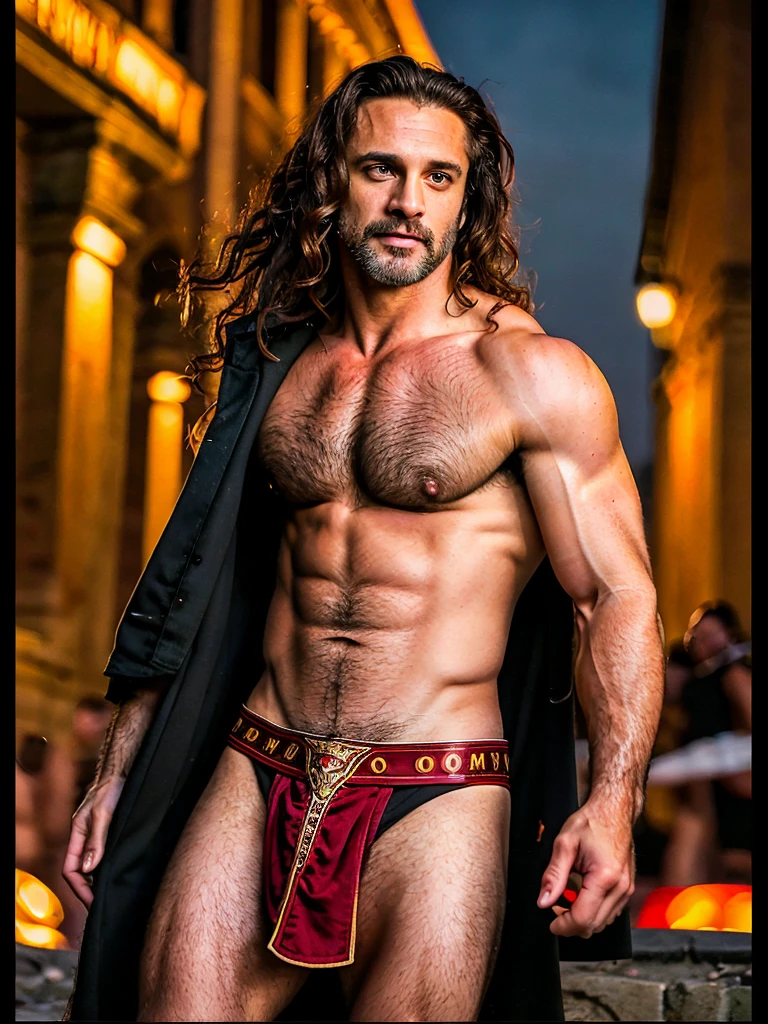 A 40 years old male, topless, barechest, raw, in rome clothing, long windy hair, night background, very sexy, penetrating look, brutal, insanely hot and handsome, chilsed fitted, cinematic photography, dynamic action scene, poster art photography, heavenly handsome, sexy, handsome, rome clothing and weapons, full-body, arrogant, cocky, extremely proud and confident.