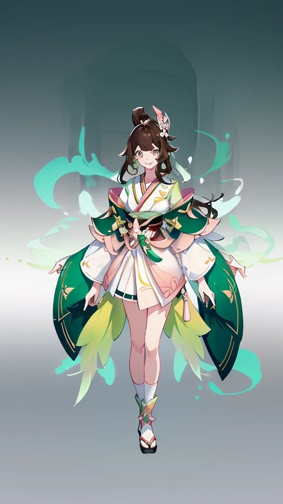 ((Genshin impact style)) (masterpiece), (high quality), 1 girl, , female body, white skin, freckles, ((long, and wavy DARK-BROWN HAIR)), ((green and bright eyes)), she has a cheerful, kind and sweet expression, pink lips with a big smile, designs from East Asian, Game character costume design, Japanese clothing style with a green and light pink color palette, Japanese hair accessories, ((White background, Cute, bright and colorful pink details)), ((full body standing panting)), intricate details, lens flare，ultra high resolution，sharp focus，HD，8k，clear facial features，clear details，beautiful eyes，beautiful face