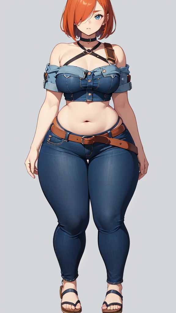 blank background, (((full body))), (masterpiece), ((best quality)), (very short girl), ((flat chest)), hair over one eye, (wide hips:1.4), ((thick thighs:1.4)), (blue jeans), sandals, belt below navel, fanny packs, ginger hair, from behind