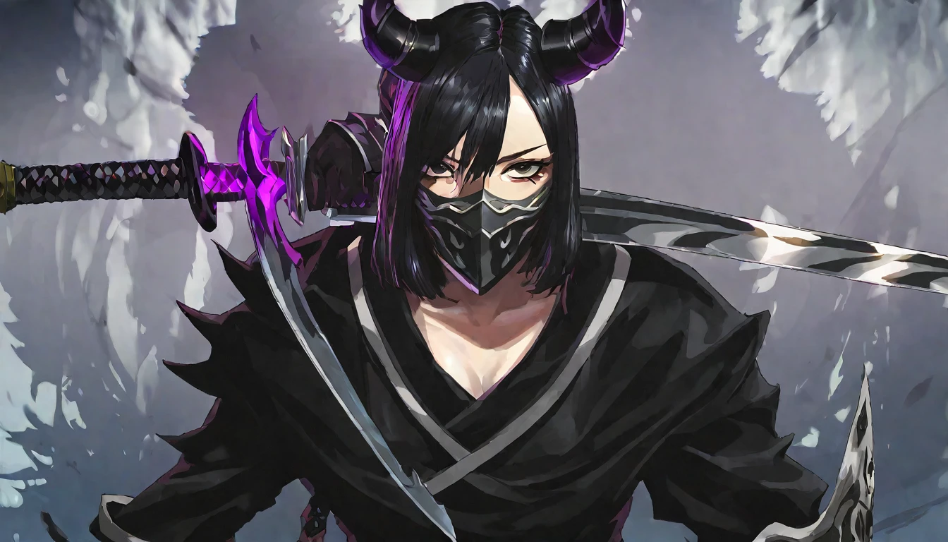 demon mask, sword on the hand,close up, black heavy detailed clothes, hand katana, art, dark and malevolent, hand sword, armor, powerful and intimidating, (masterpiece, best quality, ultra-detailed, best shadow), (detailed background, dark fantasy) dramatic light, intricate details, dark and malevolent, powerful and intimidating, Dark and foreboding, malevolent force, sinister and chilling, armor, high detailed background, girl in demon slayer art, demon slayer art style, epic anime art, God death