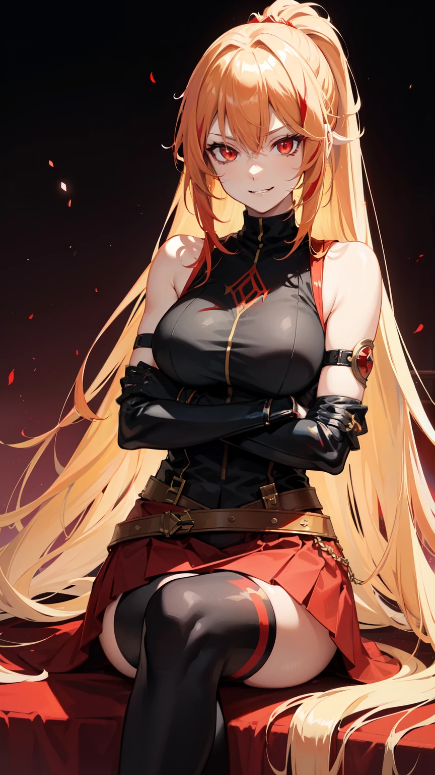 she is back, insane smile,(masterpiece, best quality:1.2)blonde, , red glowing eyes, red eyes, the eyes are red, perfect face, strong make up, sherp eyes, highres, 1 girl, ultra long ponytail, (female:1.5),red longskirt, strife, blonde and red hair streaked with lots of red highlights, two colors hair (blond and red), hight flame mistress outfit, shoulder armor, sleeveless turtleneck, suspenders, belt, gloves, bracer pre potent smile, crossing legs, crossing arms , evil smile, evil pose, sitting, portrait, looking at viewer,  Her hair is streaked with lots red and blonde highlights, moon tribal tattoo.