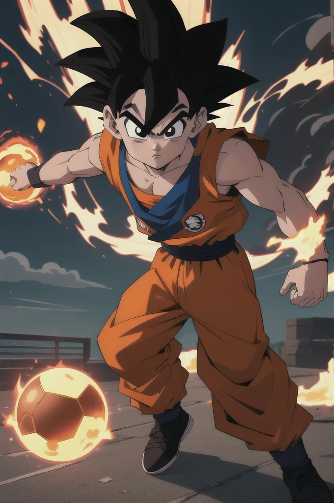 Manga style, illustration, line art style, high quality, manga masterpiece, highres, very detailed, digital illustration, small Kid Goku, Dragonball, black hair, spiked hair, real goku clothes orange color, black belt and black shoes, fire ball, dougi, solo male , outdoors,fighting,