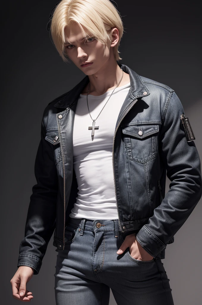A subject of 1,80cm high, athletic physique and former war soldier. wear a white shirt, a black jacket with the zipper open and a necklace with a cross. Wear looser jeans, medium length cut hair, blonde and evil face. Glancing at the photo, on a dark gray background, showing only the upper part of the body trunk.