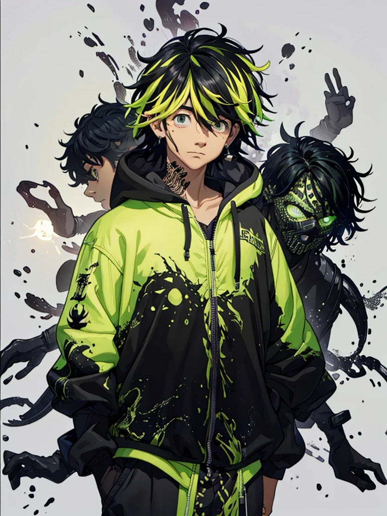 20 year old young man;
There&#39;s a shadow (monster) coming out of it;
There are many black hands around;
There&#39;s a cell phone floating around;
Short black hair with green highlights;
Wearing a hooded sweatshirt;

The thing that comes out of it looks like black mechanical goo like a symbiote 
