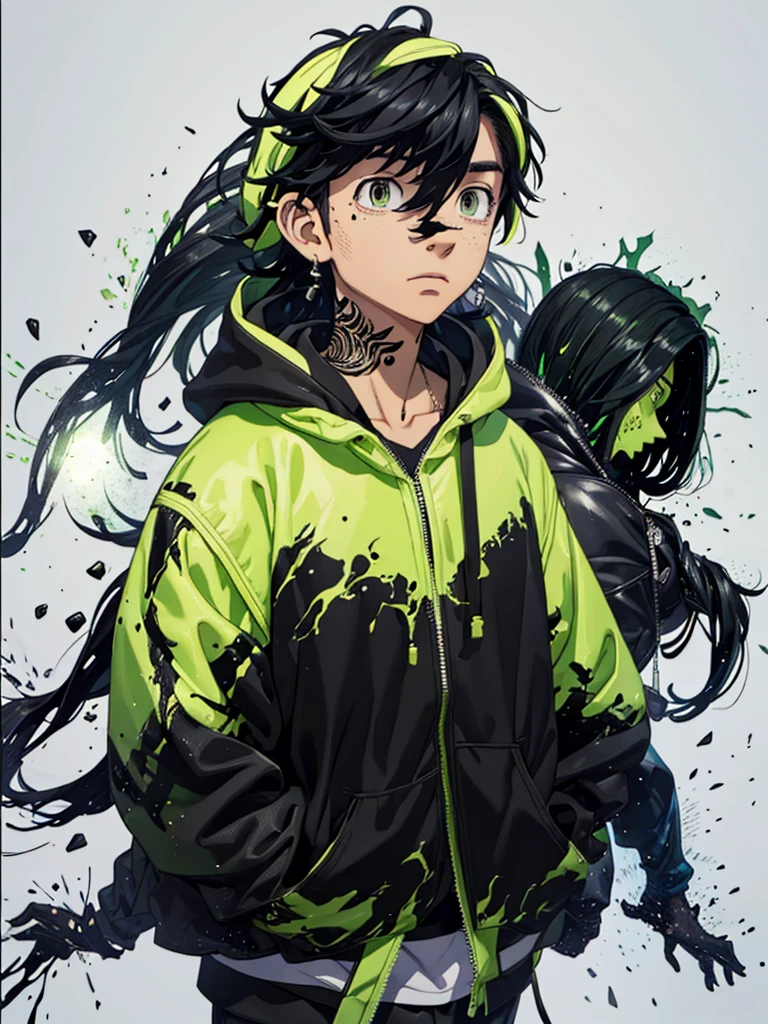 20 year old young man;
There&#39;s a shadow (monster) coming out of it;
There are many black hands around;
There&#39;s a cell phone floating around;
Short black hair with green highlights;
Wearing a hooded sweatshirt;

The thing that comes out of it looks like black mechanical goo like a symbiote 
