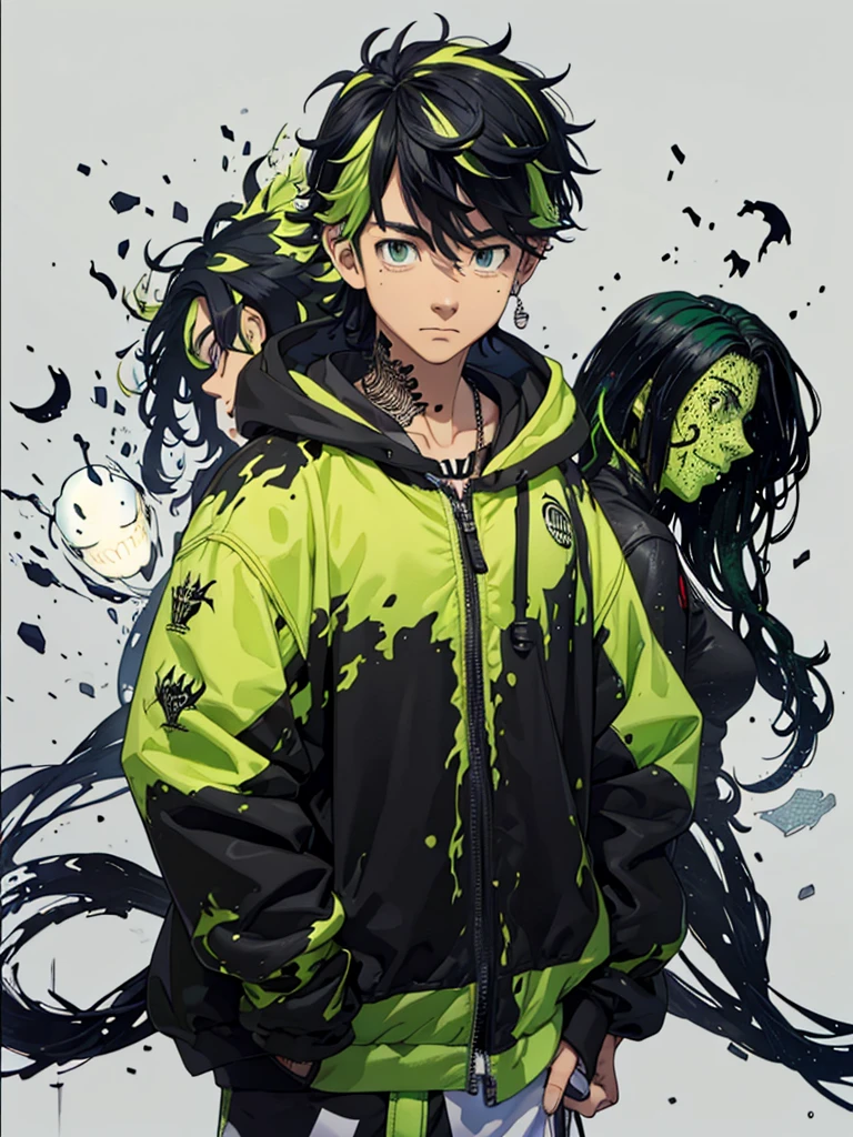 20 year old young man;
There&#39;s a shadow (monster) coming out of it;
There are many black hands around;
There&#39;s a cell phone floating around;
Short black hair with green highlights;
Wearing a hooded sweatshirt;

The thing that comes out of it looks like black mechanical goo like a symbiote 
