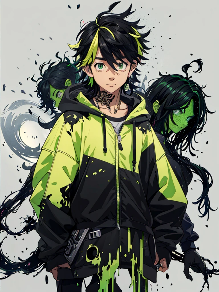 20 year old young man;
There&#39;s a shadow (monster) coming out of it;
There are many black hands around;
There&#39;s a cell phone floating around;
Short black hair with green highlights;
Wearing a hooded sweatshirt;

The thing that comes out of it looks like black mechanical goo like a symbiote 
