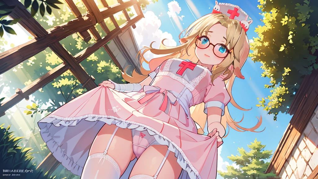 (extremely detailed fine touch:1.2), (natural light, sun light, light rays, dappled light, ray tracing:1.2) , masterpiece, best quality, highly quality ,
sugar_ser0, 1girl, solo,looking at viewer,freckles, (blush:1.3),framed eyewear,
pink dress, puffy short sleeves,
nurse cap,rabbit hair ornament,
bandaged arms,
white thighhighs,garter straps,
garden ,embarrassed,skirt, looking at viewer, underwear, skirt lift, thighs, from below, lifted by self, cowboy shot, standing, white thong