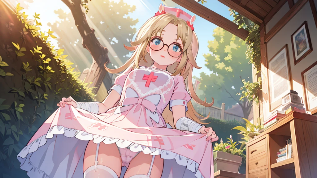 (extremely detailed fine touch:1.2), (natural light, sun light, light rays, dappled light, ray tracing:1.2) , masterpiece, best quality, highly quality ,
sugar_ser0, 1girl, solo,looking at viewer,freckles, (blush:1.3),framed eyewear,
pink dress, puffy short sleeves,
nurse cap,rabbit hair ornament,
bandaged arms,
white thighhighs,garter straps,
garden ,embarrassed,skirt, looking at viewer, underwear, skirt lift, thighs, from below, lifted by self, cowboy shot, standing, white thong