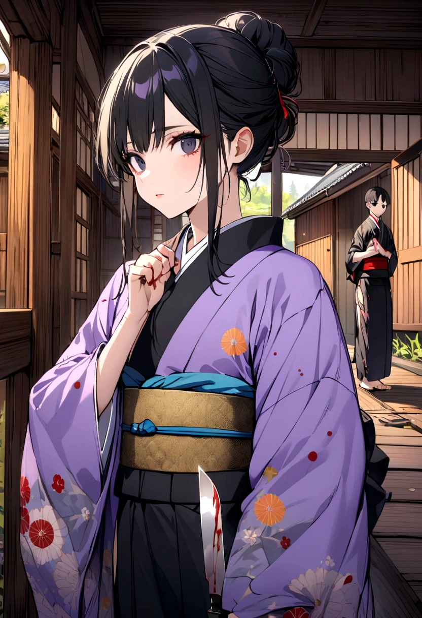 adolescent, black hair one black eye and the other yellow, kimono all torn with a very faint purple color, spiders with blood on their bodies holding a knife with blood, in the background a Japanese style wooden house.