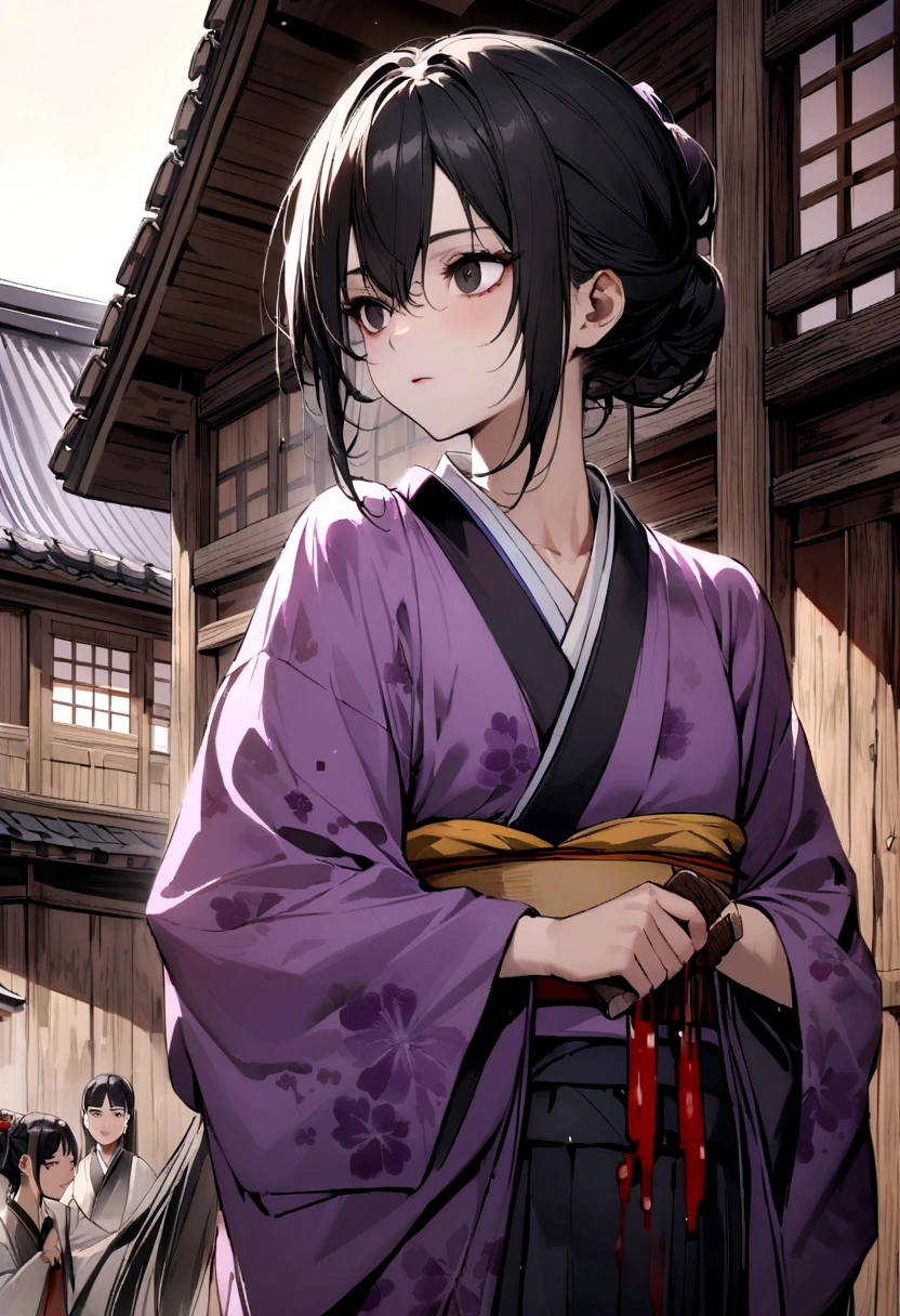 adolescent, black hair one black eye and the other yellow, kimono all torn with a very faint purple color, spiders with blood on their bodies holding a knife with blood, in the background a Japanese style wooden house.