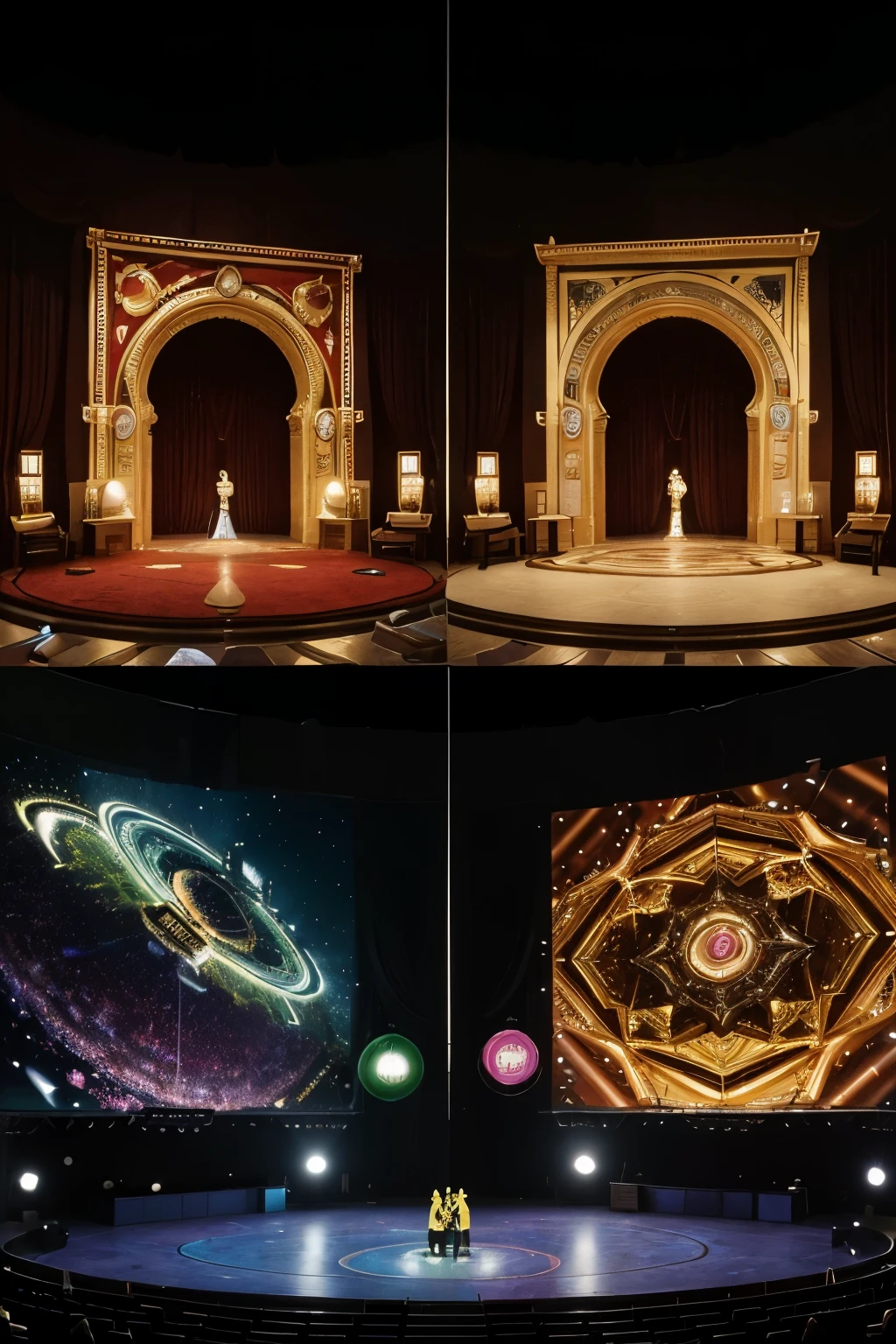 Generate images of this domain expansion### **Name:** "Theater of Joyful Deception"
### **He:** A magical theater where the rules of reality bend to the logic of humor and comedy.
### **Environment:**
- **Visual:** The domain is a gigantic theater with a central stage, bright colored seats, and extravagant decorations. The backdrop is constantly changing, showing comical landscapes and absurd situations.
- **sound:** A constant and contagious laughter is heard in the background. There are cartoon sound effects, As the "boing" of a spring and the "wow" of a comic failure.
### **Main Skill:**
The user can manipulate the laws of physics and logic within the domain to create comical situations that confuse and disorient their enemies.. For example, Enemies could slip on banana peels that appear out of nowhere, fall into pie traps in the face, or get trapped in time loops where they repeat comical actions incessantly.
### **Side effects:**
- **Disorientation:** Enemies have difficulty concentrating and coordinating their movements due to the absurd and ever-changing nature of the environment..
- **Loss of Dignity:** The ridiculous situations to which they are subjected can undermine their morale and confidence.
### **Necessary Energy:**
A moderate amount of cursed energy, since the domain depends more on the creativity of the user than on brute force.
### **Risks and Costs:**
The user must maintain a happy and carefree state of mind to maintain mastery. If you get serious or lose your sense of humor, dominion crumbles.
### **Hand Gestures:**
The user gestures "open curtains" with both hands, as if raising the curtain on an imaginary stage.
### **Activation Words:**
"Let the show begin!