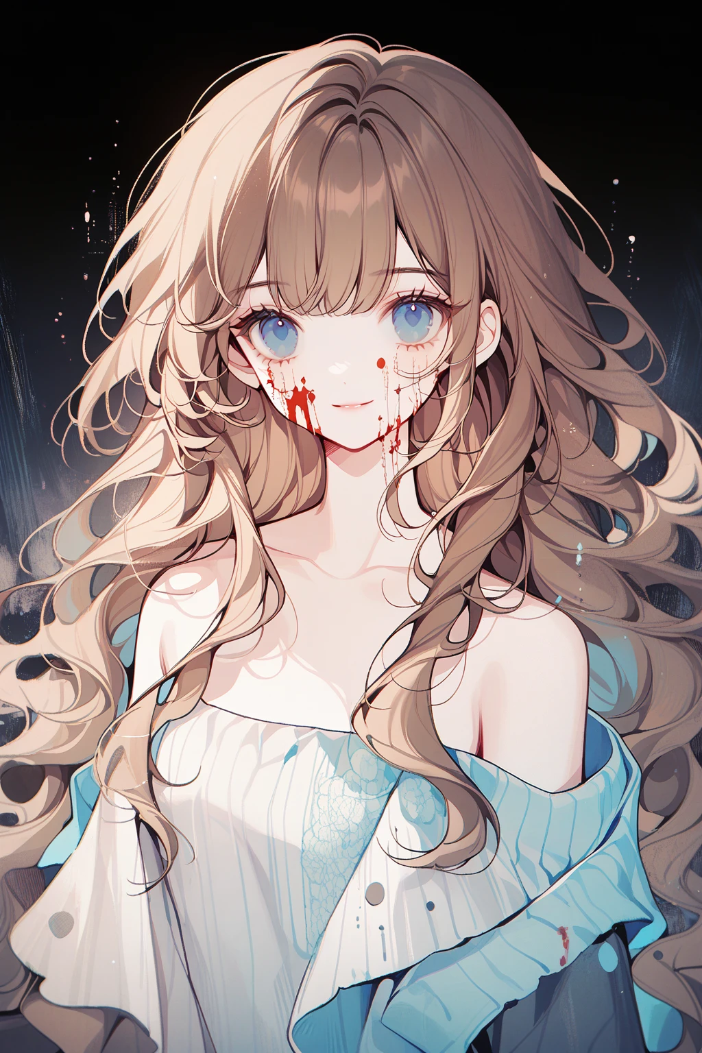 by ttosom, 1 girl, CuteStyle, blue eyes, brown hair, long hair with bangs, bust, upper body, upper body naked, no clothes, bare shoulders and collarbones, looks at the viewer, creepy look, small smile, empty eyes, blood on the face, black background, detailed, beautiful, delicate tones