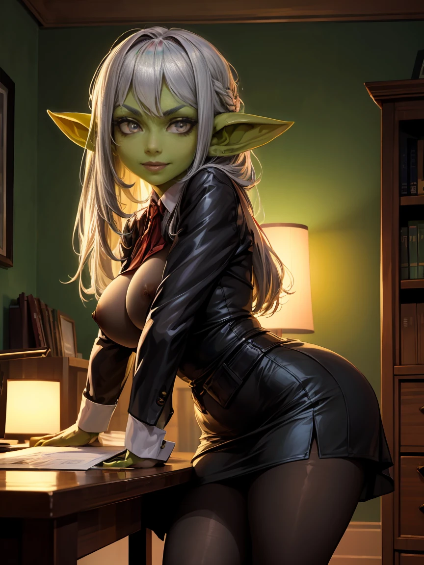 masterpiece, absurdres, 4k, (green skin), small pointy ears, portrait goblin woman psychiatrist, wearing blouse and skirt, sitting in large red armchair, medium breasts, in a small white office, diplomas on the wall, sly smile, ((long silver hair)), holding pad of paper and pen, silk pantyhose, volumetric lighting, grey eyes, office setting, ambient lighting, dimly lit, sexy lighting, psychiatrist office, wide stance