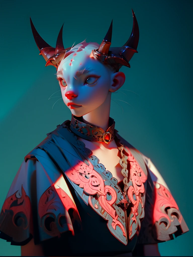 anthropomorpic cat, horned, intricate collar, blue and red