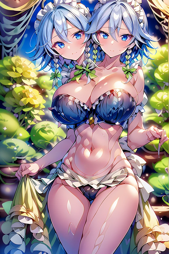 (masterpiece, best quality), best quality, best resolution, (ultra-detailed), (3heads:1.5), 1girl, (izayoi sakuya:1.3), masterpiece, (best quality:1.5, highres, UHD), highres, absurdo, ultra detail, ultra quality, Ultra resolution, dark blue top, crop top, ((stomach)), midriff, ((groin)), dark blue skirt, normal ears, shackles, grey hair, very long hair, wavy hair, sidelocks, blue eyes, parted lips, sweat, cute, toned belly, hand on own chest, eyelashes, (24 year old woman:1.3), (masterpiece:1.5), (best quality:1.5), (beautiful detailed), extremely detailed CG, extremely delicate and beautiful, depth of field, (finely detailed face), (perfect details:1.2), (mature female:1.3), wide pelvis, slender, large veiny breast, 16k resolution, high quality, high definition, extremely detailed, masterpiece, best quality, grey hair, long hair, alluring presence, braid, short skirt, close up, very big tits, huge tits, young, hair ribbon, maid headdress, side braid, (girl with three heads),
