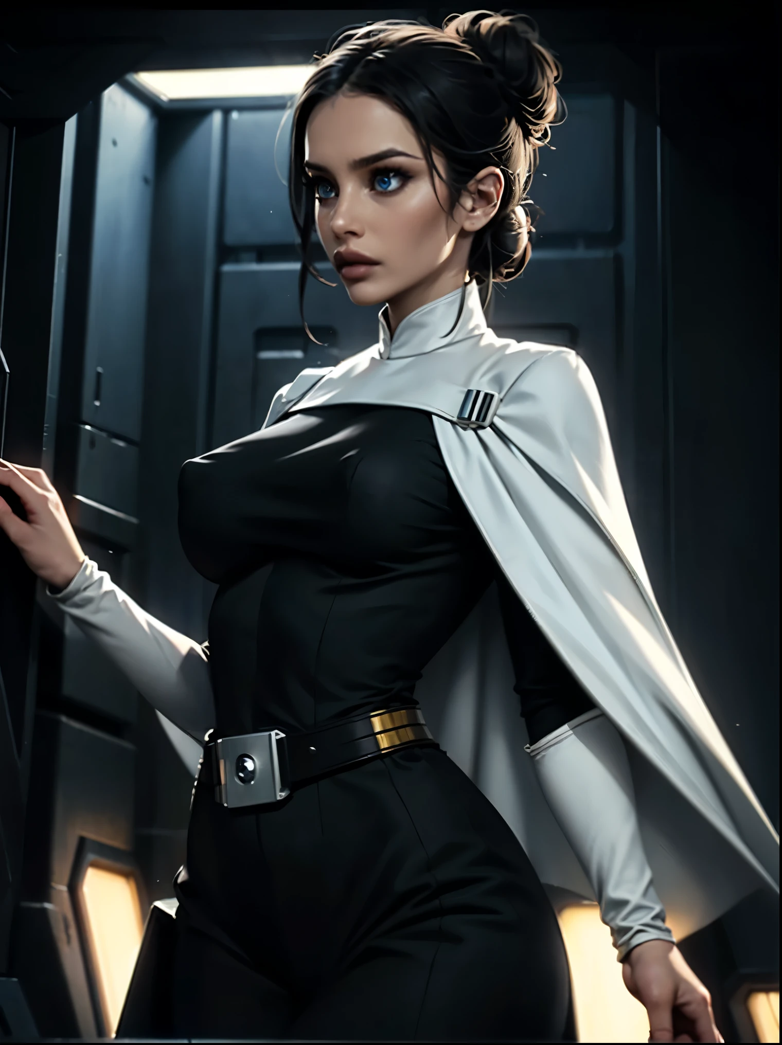 Incredibly detailed wide angle shot shot of a gorgeous and skinny woman with ((EXTREMELY saggy)) big breasts, nipples visible through clothing, a narrow waist, a incredibly supermodel thin body, with VERY narrow hips, super thin legs, (bimbo lips), vivid blue eyes, extremely detailed face, thoughtful expression, (long ((black)) hair styled in bun), Star Wars Imperial Officer black uniform, wearing a white cape, matte paint, atmospheric, dramatic lighting, standing inside an imperial space ship.