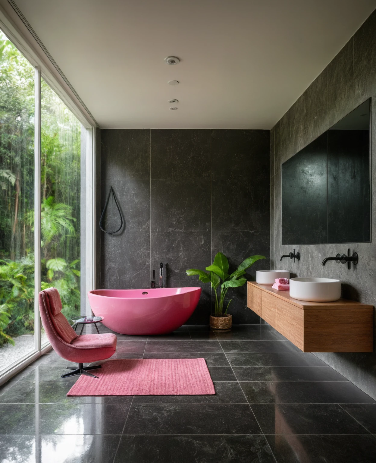 Raw photo,Masterpiece, high quality, best quality, authentic, super detail, interior, bathroom style modern, sunset, day light, window , overlooking tropical garden, ((black and pink tones)), bathtub, faucet, shower, lavatory, glass wall, bottles, mirror, lavabo, cabinet, wall tiles mosaic, carpet, armchair and table tea, towel and towel hook,