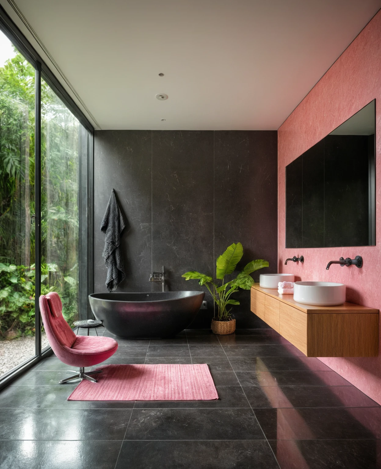 Raw photo,Masterpiece, high quality, best quality, authentic, super detail, interior, bathroom style modern, sunset, day light, window , overlooking tropical garden, ((black and pink tones)), bathtub, faucet, shower, lavatory, glass wall,  bottles, mirror, lavabo, cabinet, wall tiles mosaic, carpet, armchair and table tea, towel and towel hook,