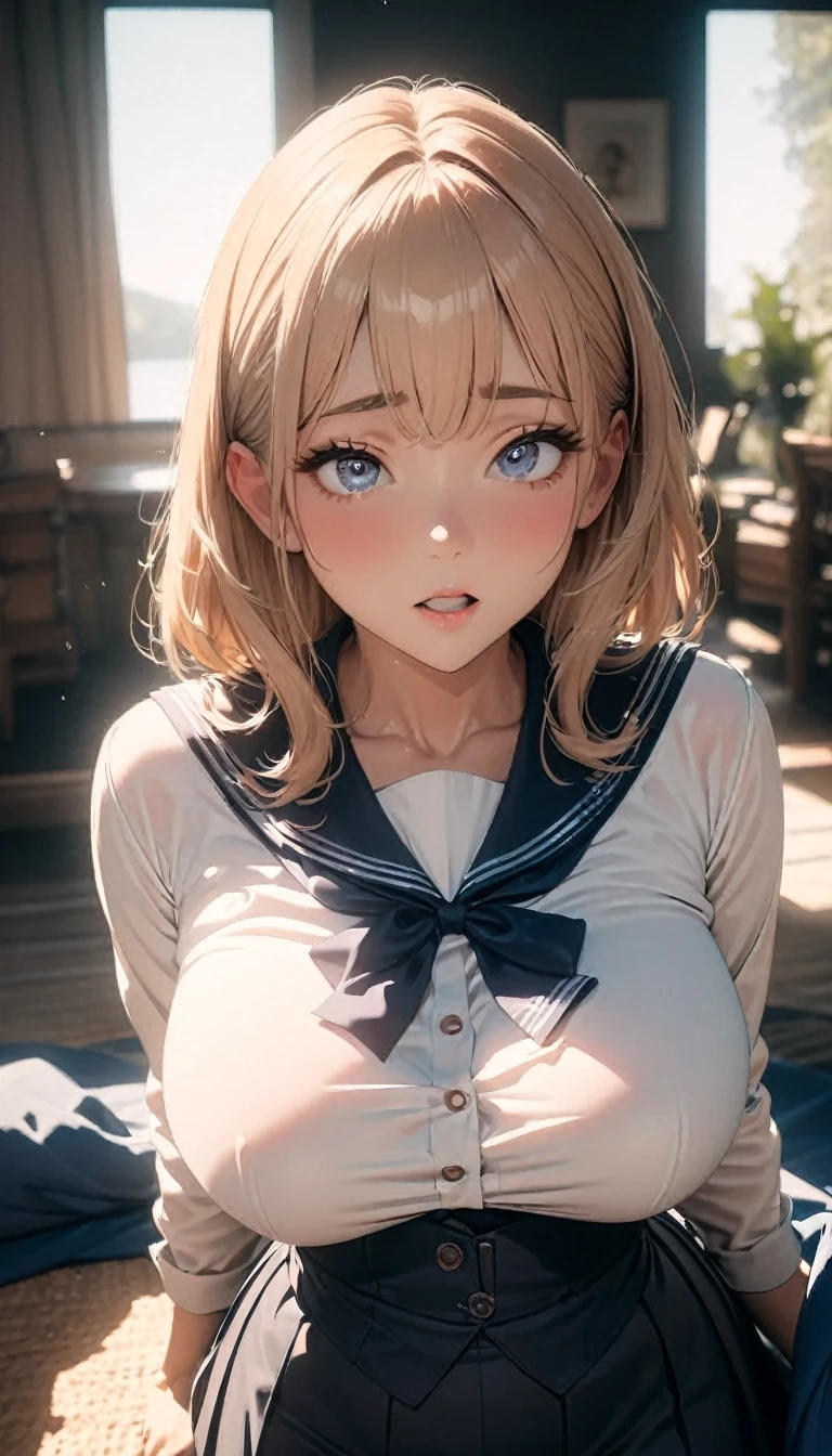 (Kitagawa.Marine),(8K, RAW Photos, Highest quality, masterpiece, Soft Cinema Lighting, Soft colors:1.4),{Sealing,( throw,look at me:1.7),Face Focus:1.5}, (Realistic), (Indoor Background), (alone, Woman,19 years old,Super beautiful face,Highly detailed beautiful big eyes :1.3), {Sailor suit,(Underbust:1.6),low cut mini skirt,thin :1.3}, (Embarrassing,Red cheeks:1.25),Braided Pigtail , Bronze Color Hair, Beautiful Skin, (Small Ass:0.(Huge, long, wide and heavy breasts wnted pendulous bodies:1.4), (thick, Curvy:1.3),(Very thin:1.5),(Sexy pose:1.8),( your mouth:1.2),(Remote vibration:1.5)