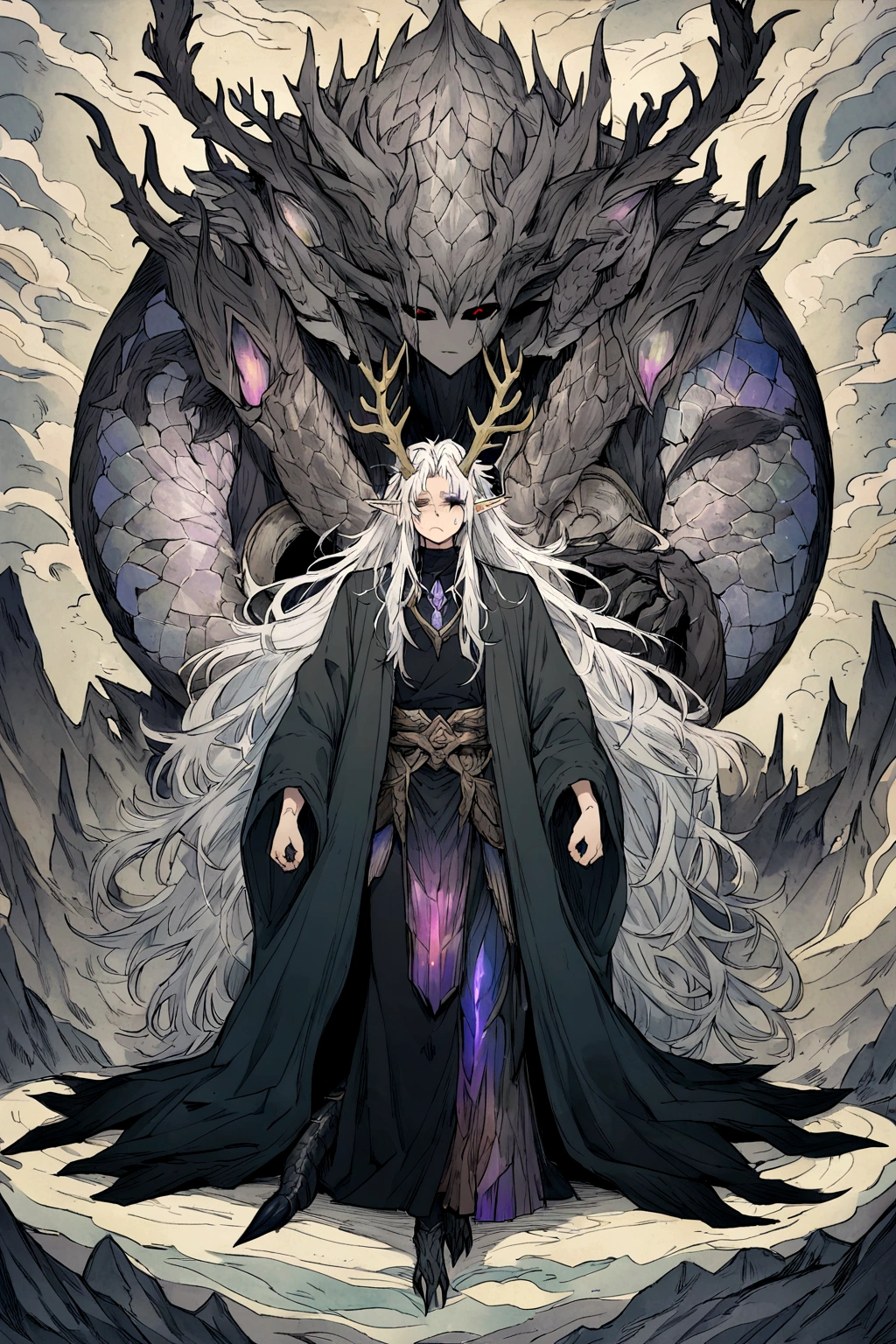 Solo, male teen, Character fusion: Nibelung fused with nidhoggr, odin and sun wukong, tall tanned man with wild unruly white hair, bangs on face, bangs, ((iridescent irises)), black sclera on eyes, long voluminous hair, spiky hair, pointy ears, fit , clawed fingers, dragon tail, open haori, turtleneck tanktop, dark crystal antlers, exhausted expression, khaenr'ah abyss, draconic person, calamity incarnate,  full body