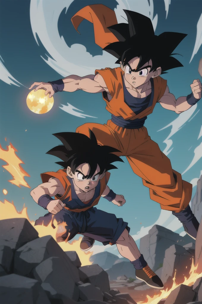Manga style, illustration, line art style, high quality, manga masterpiece, highres, very detailed, digital illustration, small ??? Goku, Dragonball, black hair, spiked hair, real goku clothes orange color, black belt and black shoes, fire ball, dougi, solo male , outdoors,fighting,