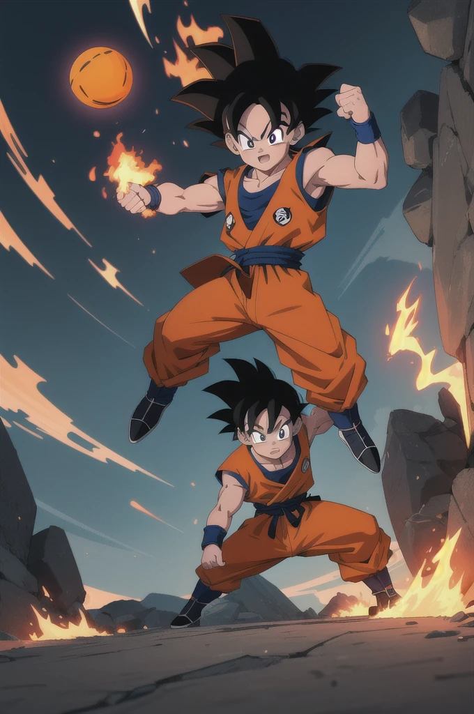 Manga style, illustration, line art style, high quality, manga masterpiece, highres, very detailed, digital illustration, small Kid Goku, Dragonball, black hair, spiked hair, real goku clothes orange color, black belt and black shoes, fire ball, dougi, solo male , outdoors,fighting,