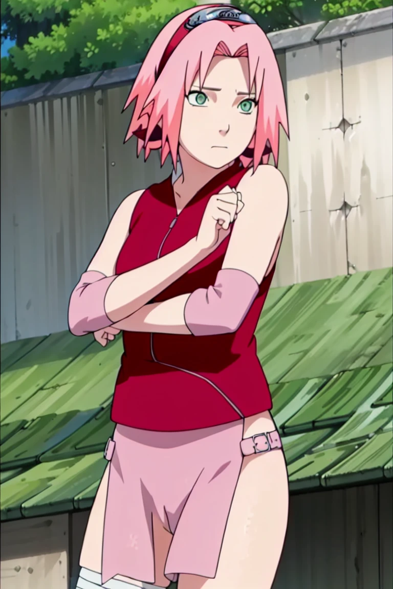 ((pussy, bottomless, naked)). High quality, ultra detailed, realistic artwork of a "Sakura Shippuden" scene with vivid colors, perfect for 4K or 8K resolutions. The scene depicts Sakura Haruno., a young woman, She is naked. Her leg is bandaged, indicating a recent injury.
Sakura has shoulder-length bangs that gently frame her face, revealing her beautiful, green eyes. Her face is adorned with a forehead protector, which bears the symbol of Konohagakure, signifying her loyalty to her people. The artwork shows Sakura's attention to detail, including her long eyelashes, detailed lips, and delicate features, capturing her determination and inner strength.
The lighting of the scene is soft and warm, casting a soft glow on the petals of the sakura flowers.