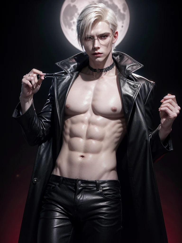 a pale-skinned, livid, handsome, attractive, slender vampire man, short platinum blonde hair, with reddish eyes, vintage half-moon glasses, muscular torso, with a black overcoat with silver lace, black leather pants, against the background of a red moonlit night