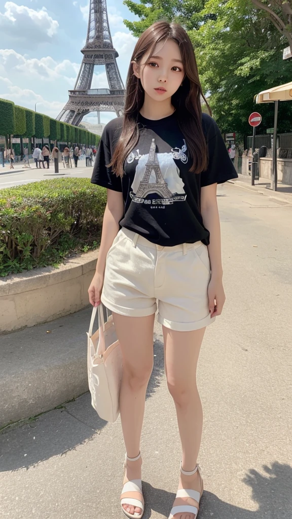 full_body, standing, sandals, t-shirt, shorts, (eiffel tower), (rock_chae_eun: 1.3), perfect face, (contact iris: 1.1), pale skin, skin pores , depth of field