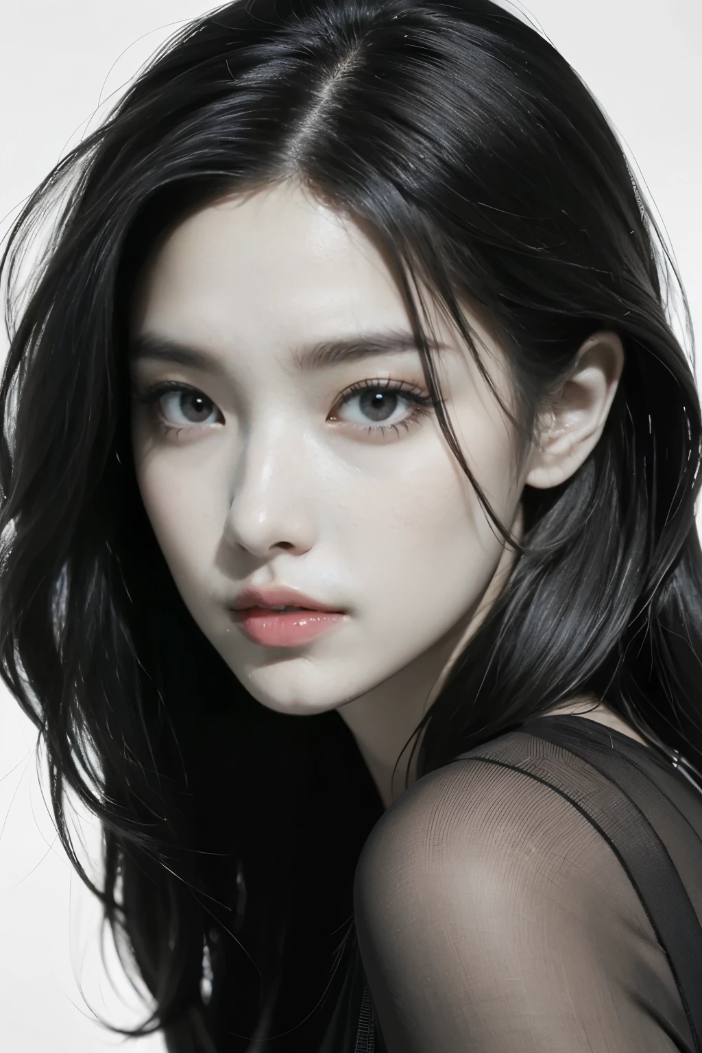 high quality,perfect face,perfect lady,long curly hair, swept back hair,
portrait of a woman seamlessly integrated into a monochrome,cubist-inspired abstract pattern of straight lines and angles. Her sharply angled black hair blends into the geometric shapes,utilizing high-contrast black and white. Her face,constructed with fine lines and hatching,is harmoniously intersected by layered,angular forms in black and white,creating a visual illusion of the face emerging from and receding into the background. The geometric shapes should mimic the contours and tones of her face through repeating patterns and fragmented forms. Maintain smooth transitions between the woman and the background to create a cohesive and unified modernist aesthetic. The overall composition should emphasize the flatness of the two-dimensional surface,utilizing a flattened perspective and bold outlines,while still conveying a sense of depth through overlapping planes and intersecting shapes.,
