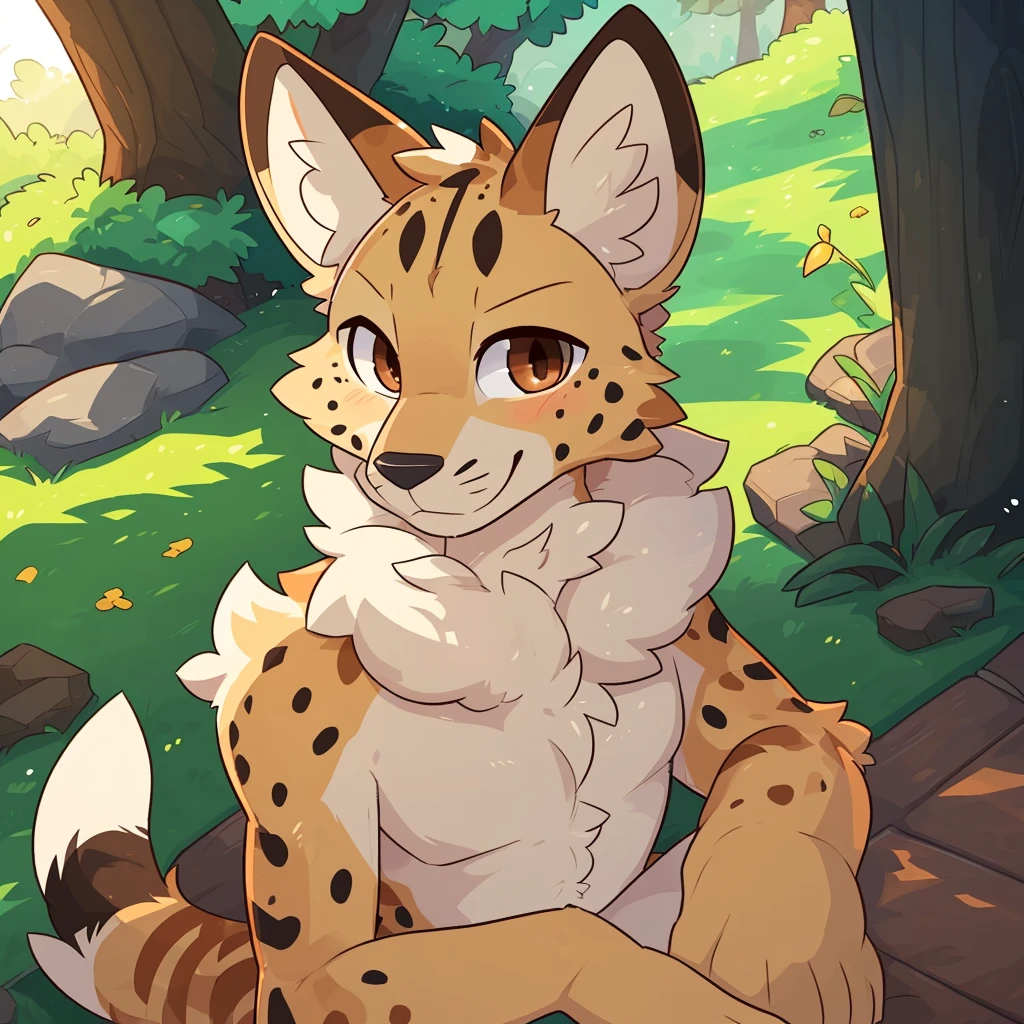 ((by Kilinah, by itihi3 イチヒ(Ichihi), dasagi, by hioshiru, by Donkeyramen, and wfa)), Solo (quadruped feral:1.4) ((Serval)) with ((tan body)) And (((white neck tuft))) And (Brown fluffy dipstick tail) And ((Clear light pale brown eyes)), (Detailed Serval), ((detailed fluffy fur)), (Three-quarter portrait, Looking at Viewer, three quarter view, [High-angle view]:1.2), BREAK, (Detailed background, depth of fields, half body shadow, Sunlight, ambient light on the body), (Convoluted:0.7), (high detailing:1.2), (Sharp Focus:1.1), [explict content, questionable content], (masutepiece, Best Quality, 4K, 2 k, Shaded, absurd res)