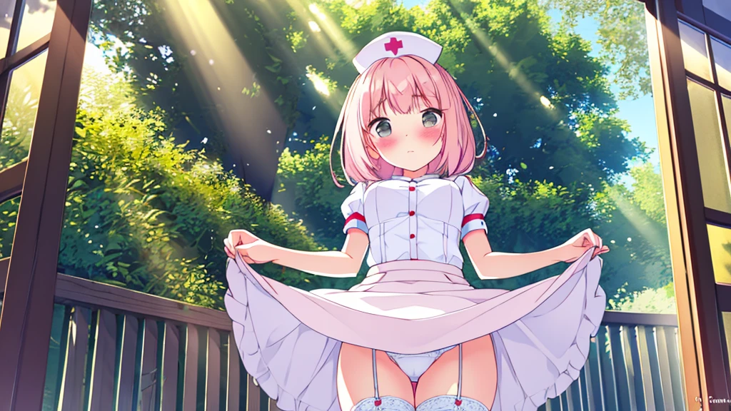 (extremely detailed fine touch:1.2), (natural light, sun light, light rays, dappled light, ray tracing:1.2) , masterpiece, best quality, highly quality ,
sugar_ser0, 1girl, solo,looking at viewer,freckles, (blush:1.3),framed eyewear,
pink dress, puffy short sleeves,
nurse cap,rabbit hair ornament,
bandaged arms,
white thighhighs,garter straps,
garden ,embarrassed,skirt, looking at viewer, underwear, skirt lift, thighs, from below, lifted by self, cowboy shot, standing, white thong