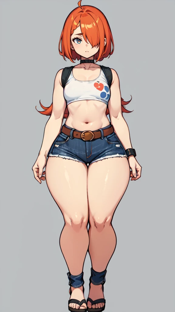 blank background, (((full body))), (masterpiece), ((best quality)), (very short girl), ((flat chest)), hair over one eye, (wide hips:1.4), ((thick thighs:1.4)), (blue jeans), sandals, belt below navel, fanny packs, ginger hair, from behind
