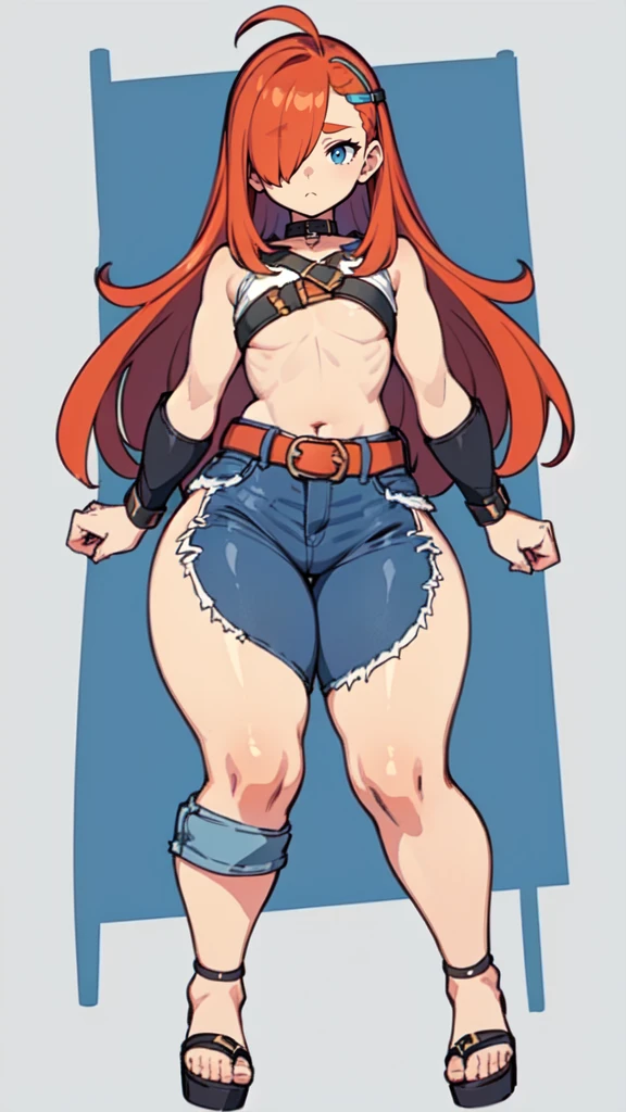 blank background, (((full body))), (masterpiece), ((best quality)), (very short girl), ((flat chest)), hair over one eye, (wide hips:1.4), ((thick thighs:1.4)), (blue jeans), sandals, belt below navel, fanny packs, ginger hair, from behind
