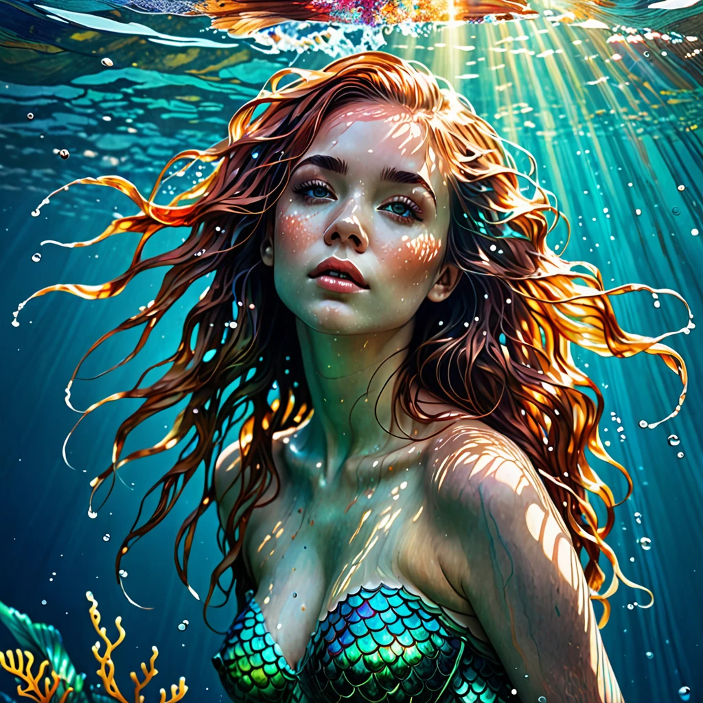 a visual stunning photo of a beautiful mermaid| wonderful ocean deep| dynamic pose | centered| key visual| intricate| highly detailed| breathtaking beauty| precise lineart| vibrant| comprehensive cinematic| Carne Griffiths| Conrad Roset| Anna Dittmann| underwater caustics, sunbeam